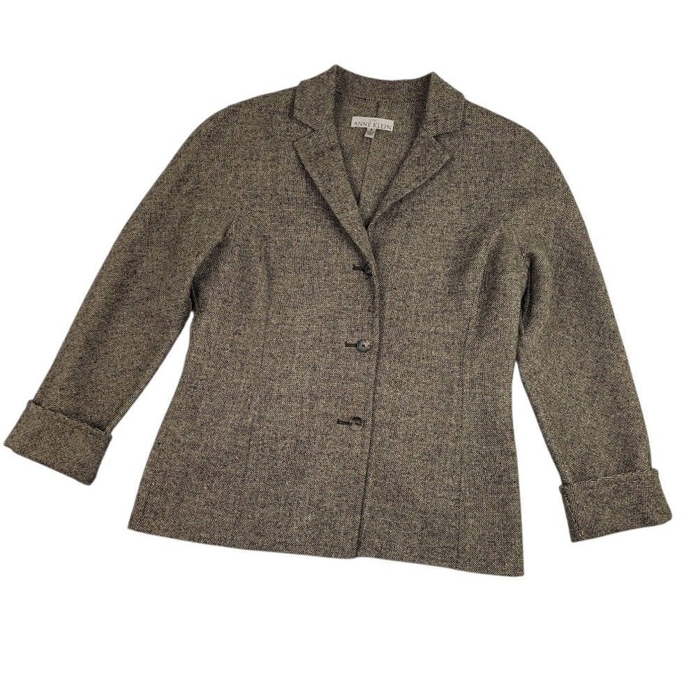 Vintage Anne Klein Wool Cashmere Tweed Blazer Womens 6 Petite Brown Gray Preppy